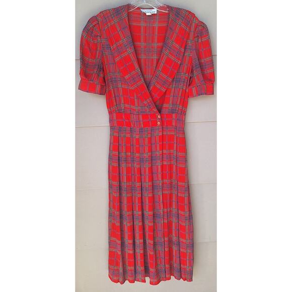 Vintage Jackie Bernard Eklektic Red Plaid Crepe Pleats Midi Dress Sailor Size 4 - Picture 1 of 13